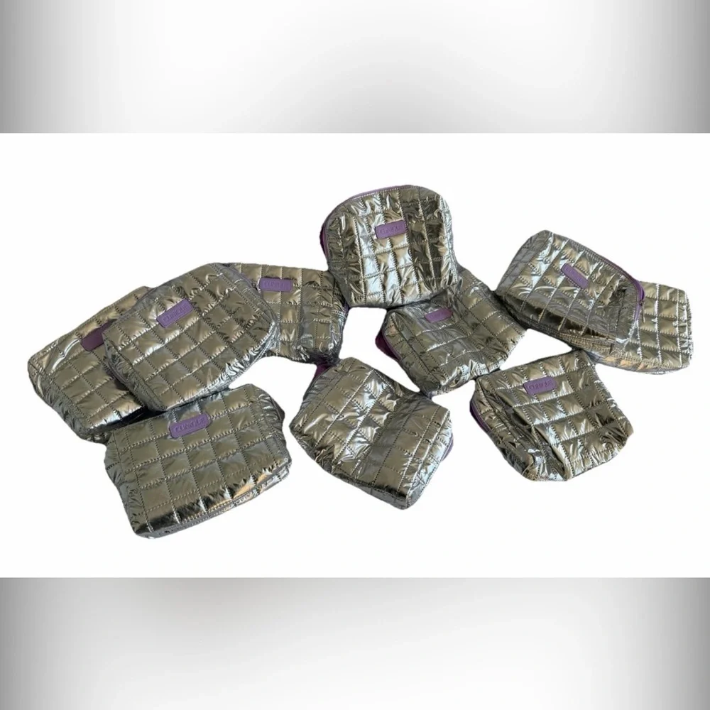 10 CLINIQUE METALLIC QUILTED COSMETICS MAKEUP TRAVEL SILVER BAGS LOT OF TEN NEW